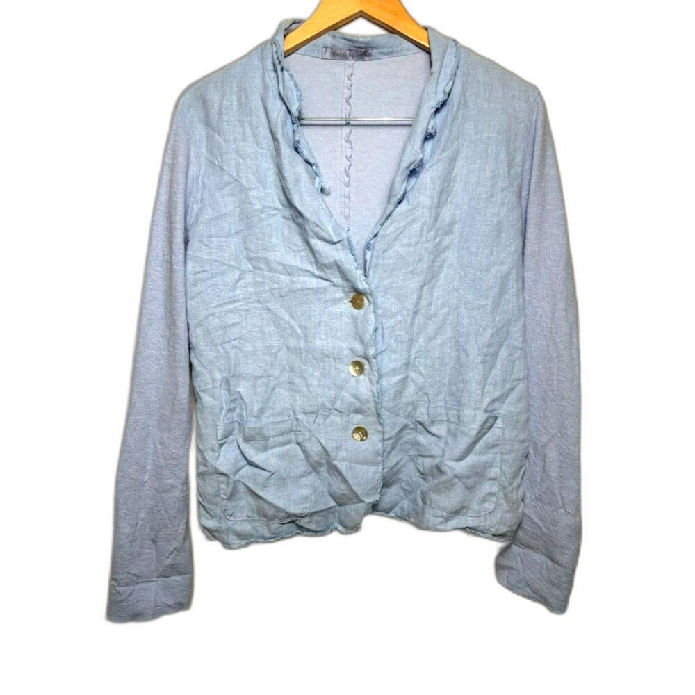 Cut Loose Blazer Women's Size Medium Light Blue Linen Cotton Raw Hem Lagenlook